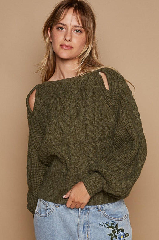 POL Cable Knit Cutout Long Sleeve Sweater Dried Olive