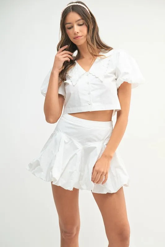 MABLE Puff Sleeve Button Down Top and Bubble Skirt Set