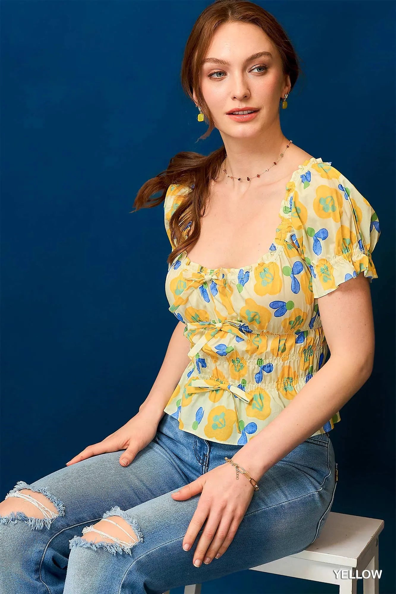 Umgee Floral Smocked Peplum Blouse Yellow