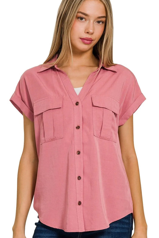 Zenana Tencel V-neck Collared Top W Front Flap Pockets DUSTY ROSE