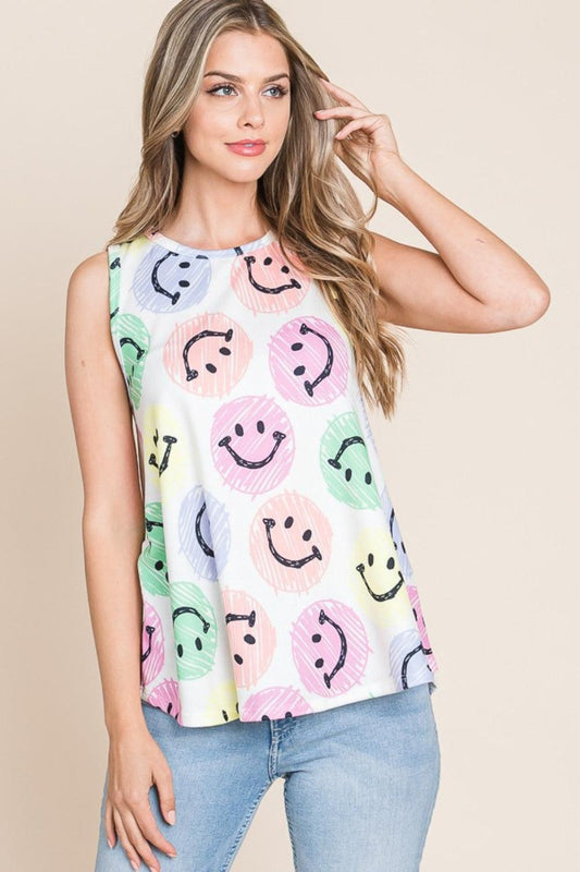 BOMBOM Smiley Face Round Neck Tank Ivory