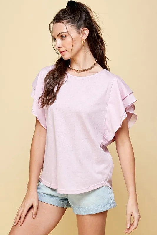 Lime 'N' Chili Round Neck Double Ruffle Cap Sleeve Top DUSTY PINK
