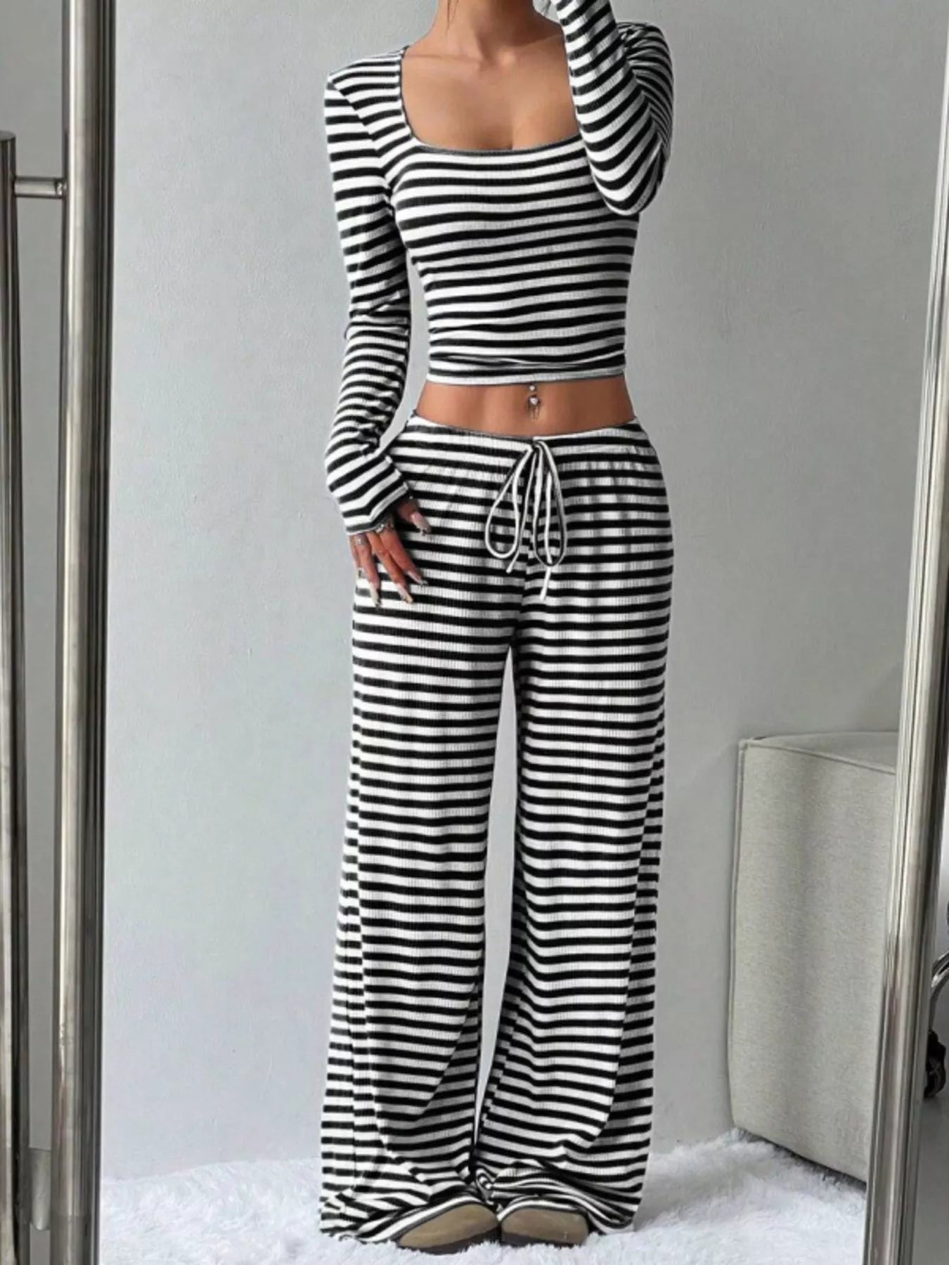 Striped Long Sleeve Crop Top & Wide Leg Pants Set