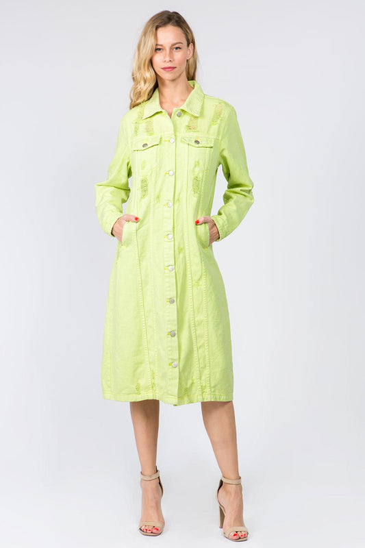 American Bazi Button Up Distressed Denim Dress Lime
