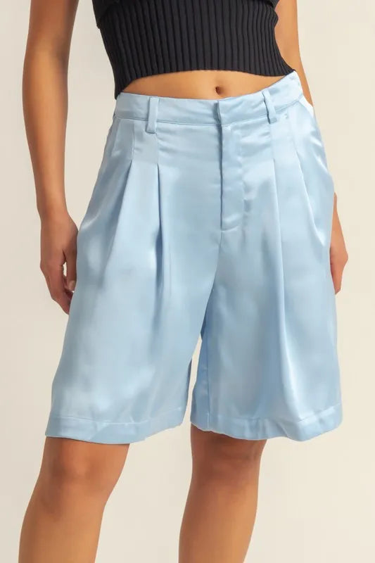 HYFVE High-Waist Pleated Satin Shorts Pastel Blue