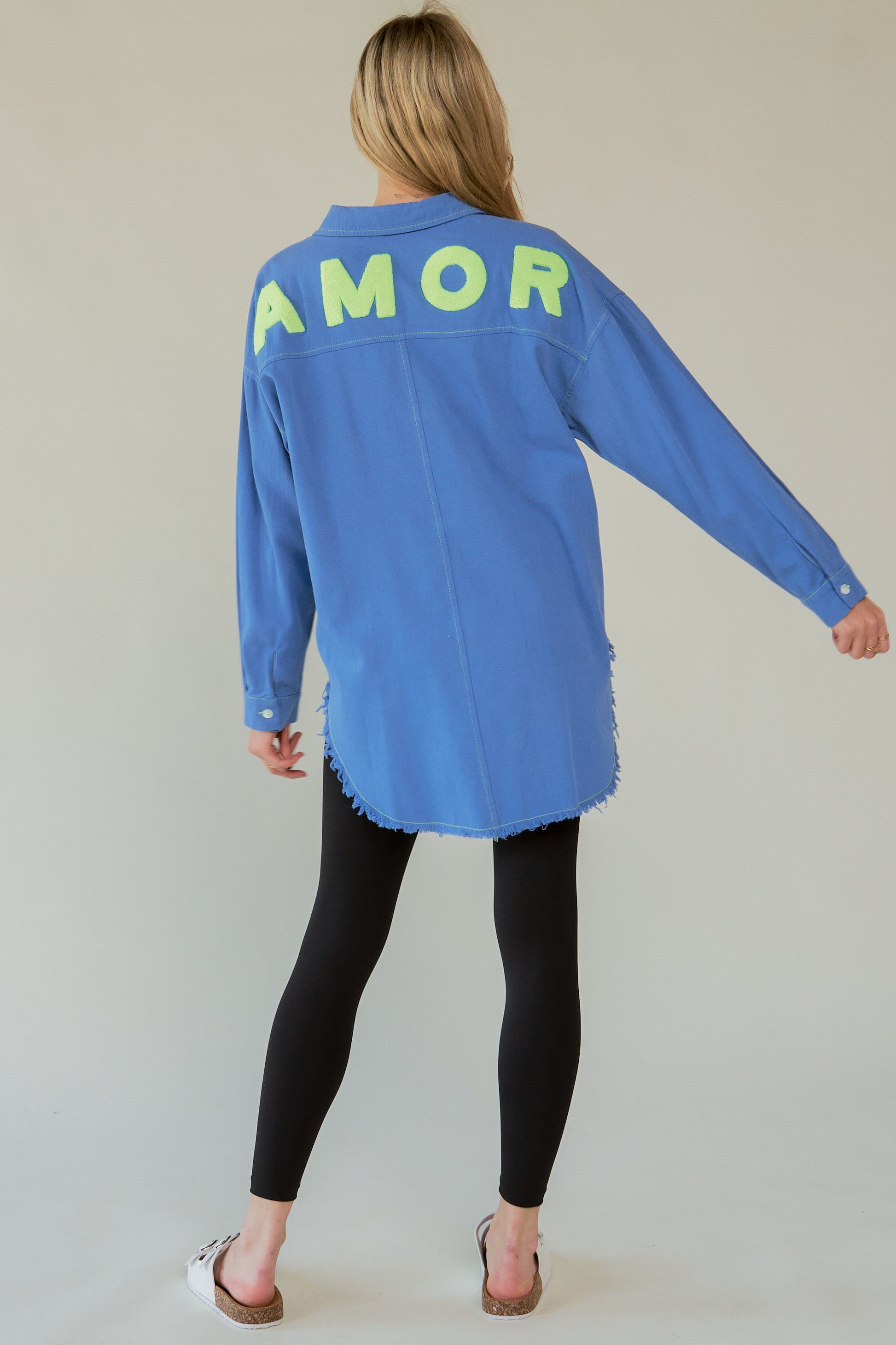 Davi & Dani Letter Back Raw Hem Half Button Shirt Blue