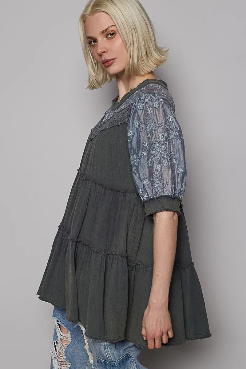 POL Lace Detail Tiered Round Neck Half Sleeve Blouse