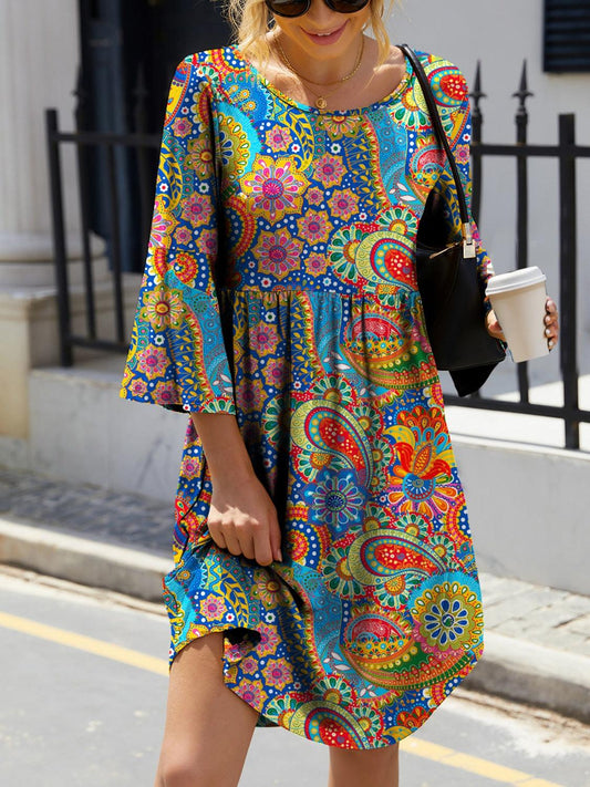 FAM-FAM Paisley Print Round Neck Three-Quarter Sleeve Dress Multicolor