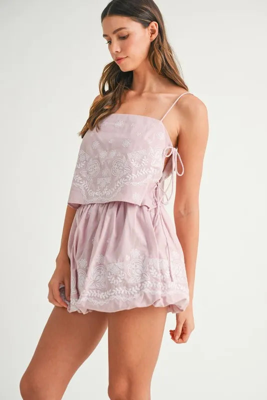 MABLE Embroidered Crop Cami and Balloon Mini Skirt Set