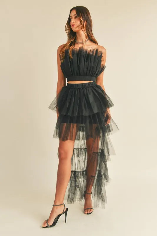 MABLE Tulle Tube Ruffle Crop Top and High Low Maxi Skirt Set