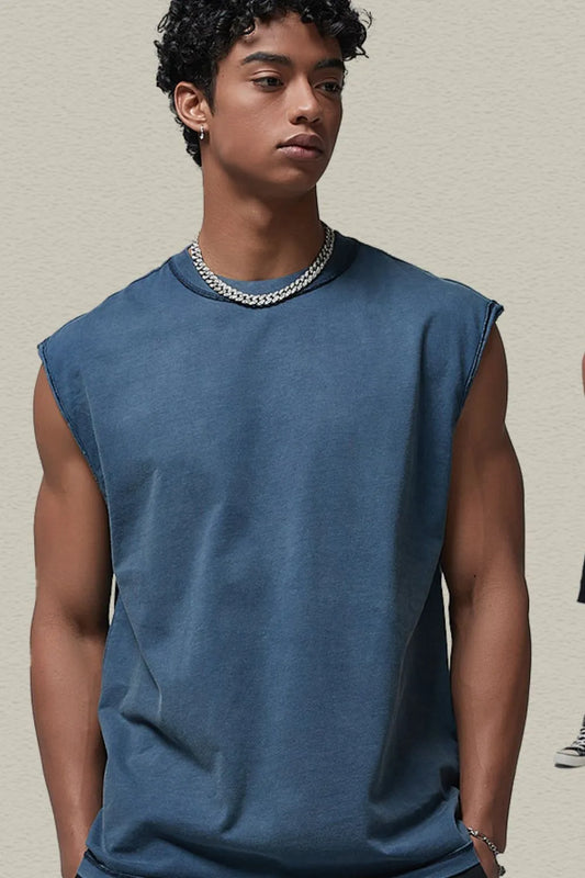 Men's Washed Round Neck Sleeveless Top Navy