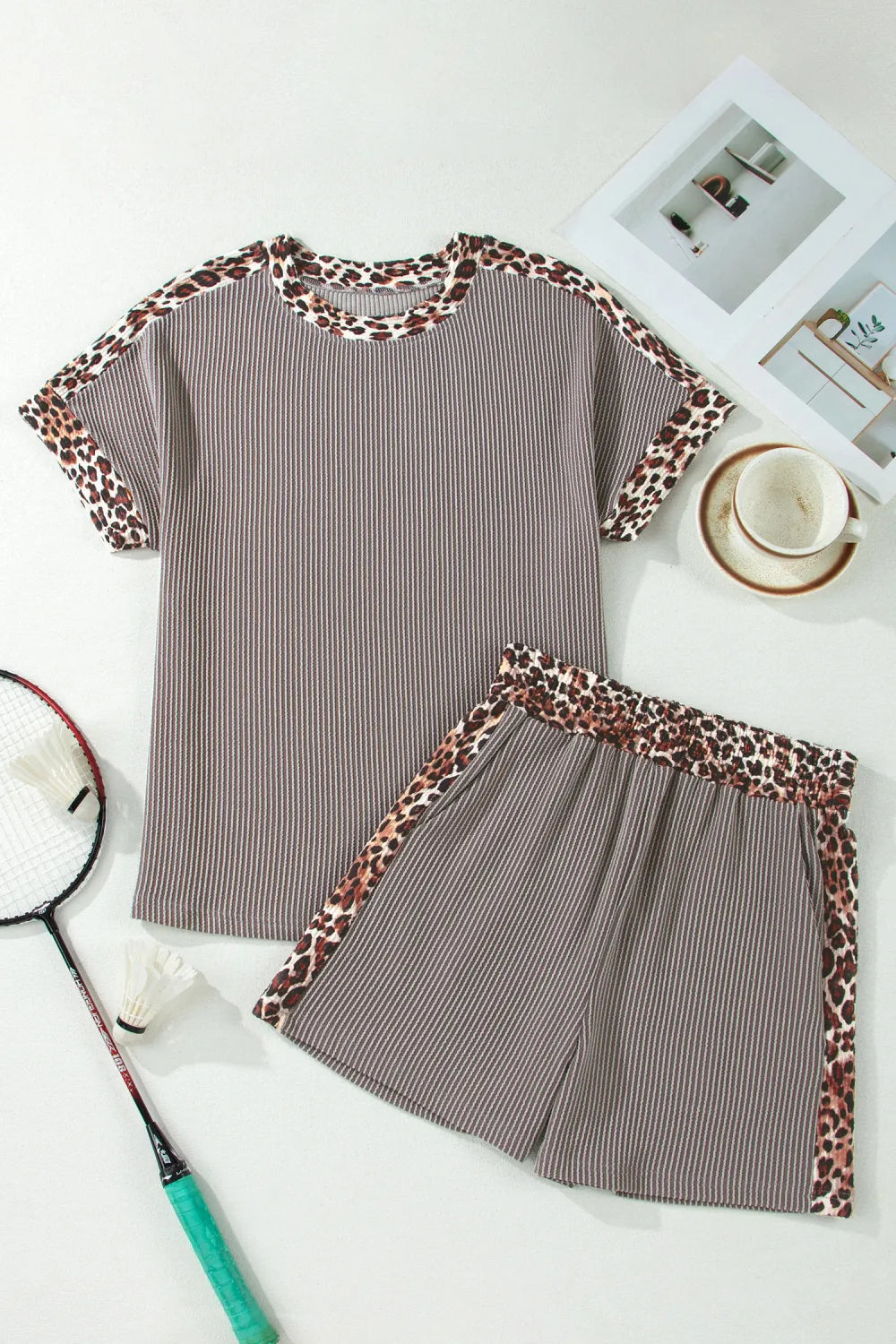 Leopard Trim Corded Knit Top & Shorts Set