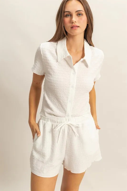 HYFVE Textured Short Sleeve Top and Drawstring Shorts Knit Set White