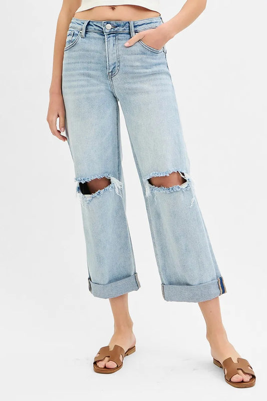 RISEN Full Size Mid Rise Fit Boyfriend Jeans with Cuff Plus Size LIGHT
