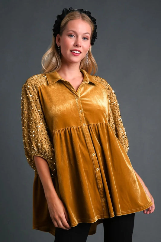 Umgee Sequin Detail Tiered Back Half Sleeve Shirt Mustard