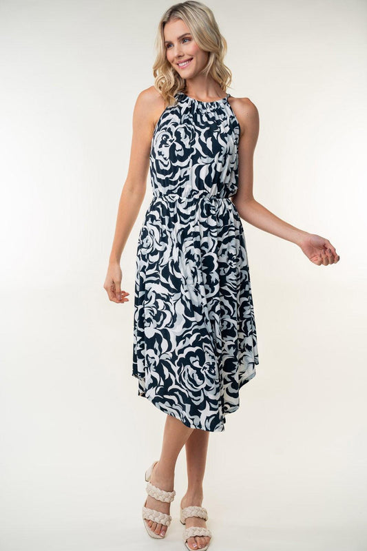 White Birch Tied Ruched Floral Sleeveless Knee Length Dress Black