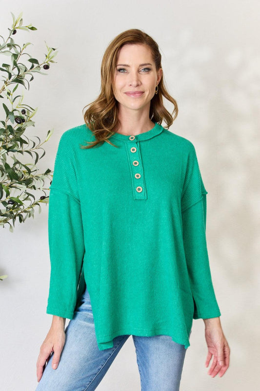 Zenana Full Size Ribbed Half Button Slit Knit Top Kelly Green
