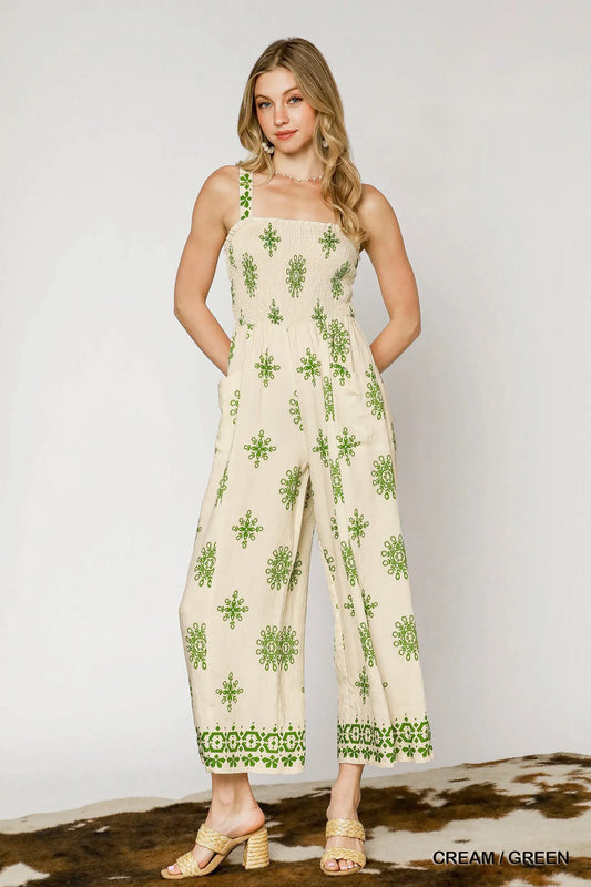 Umgee Smocked Printed Wide Leg Jumpsuit CREAM GREEN