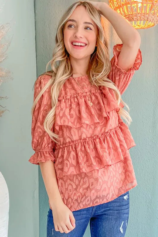And The Why Leopard Tiered Ruffle Blouse Top