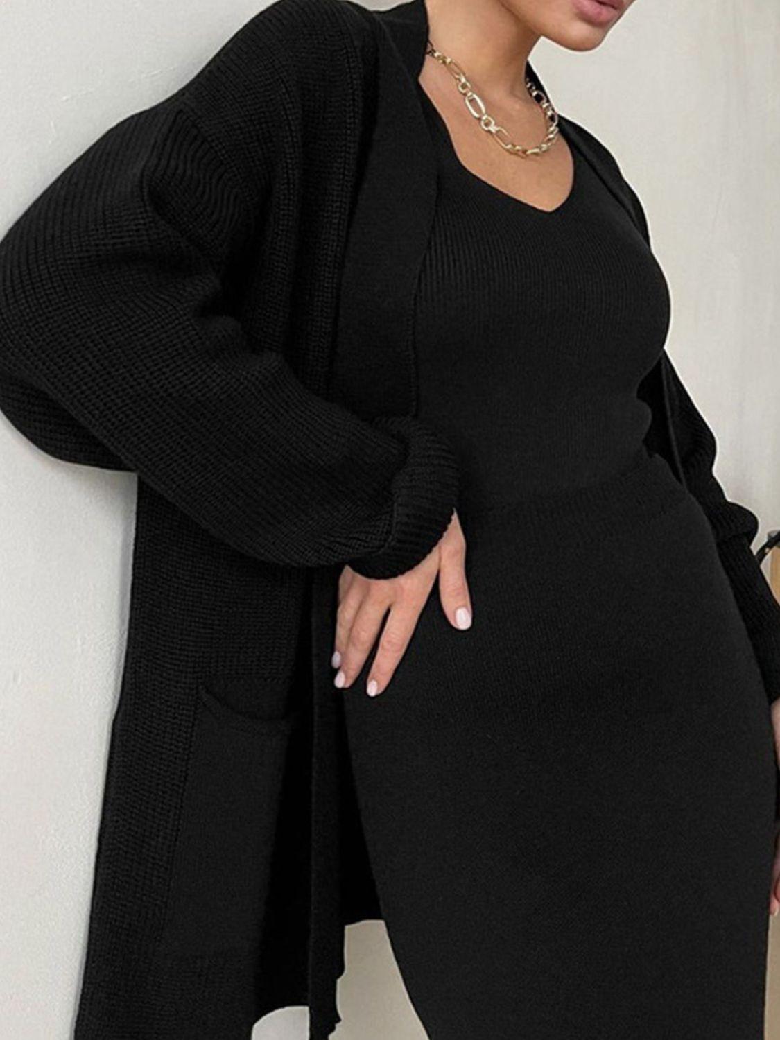 Pocketed Long Sleeve Cardigan and Skirt Sweater Set Black One Size