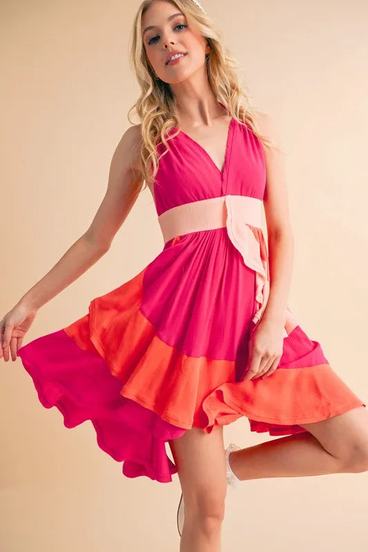 Aemi+Co Ruffled Color Block Sleeveless Mini Dress