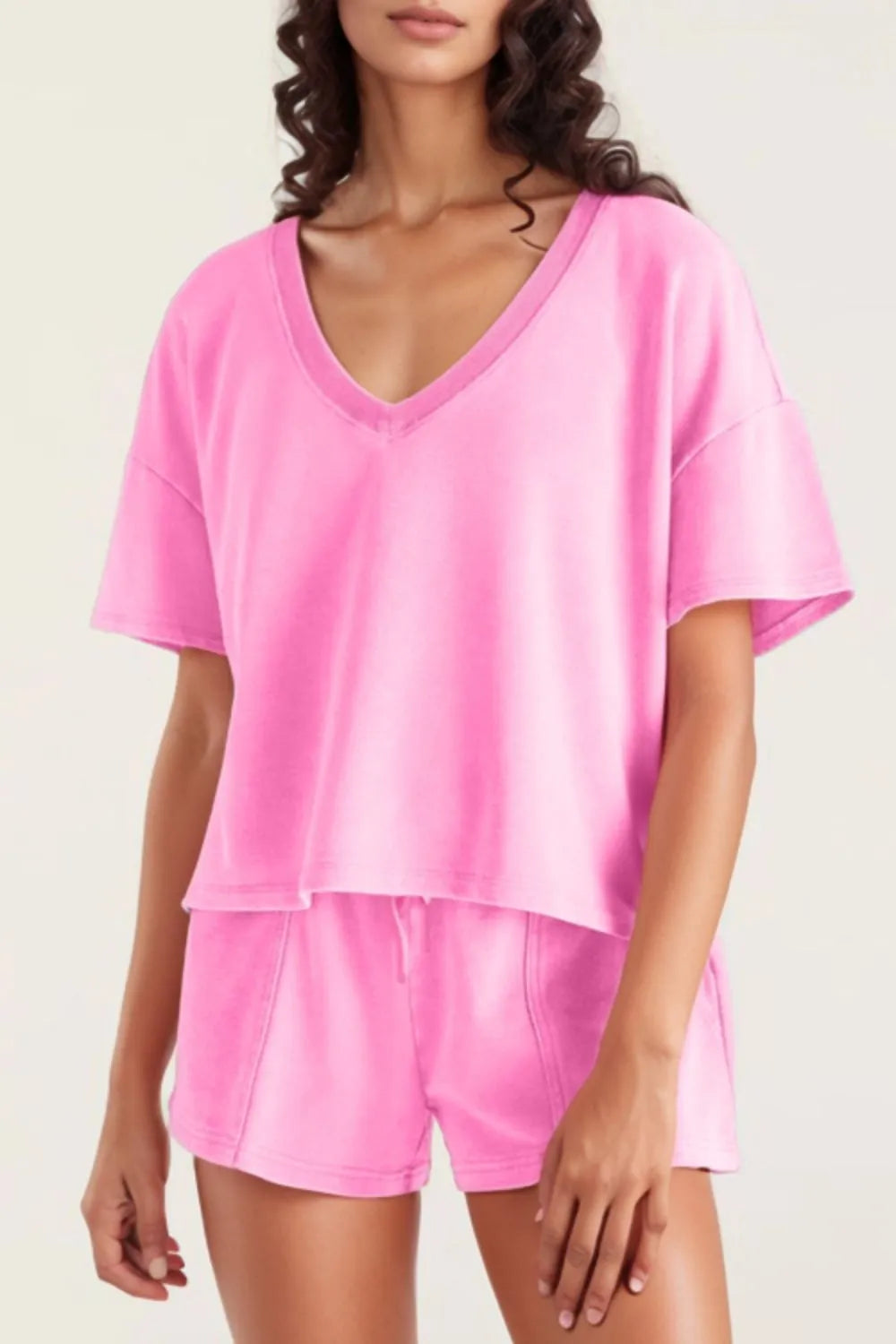 V-Neck Short Sleeve Top and Shorts Set Pink