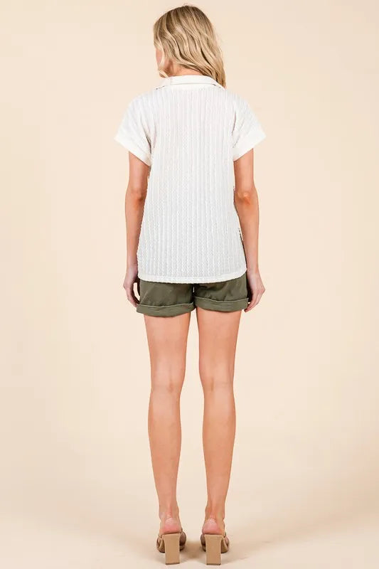 Lime 'N' Chili Textured Half Zip Cap Sleeve Contrast Top