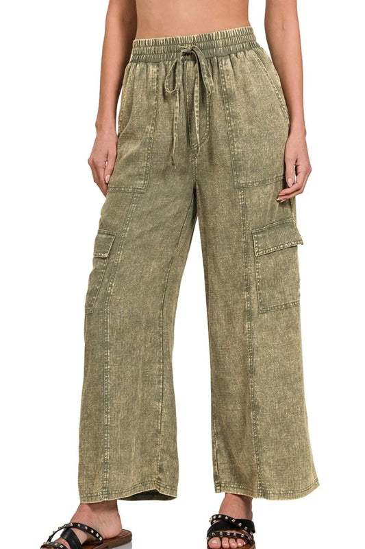 Zenana Washed Linen Elastic Band Waist Cargo Pants LT OLIVE