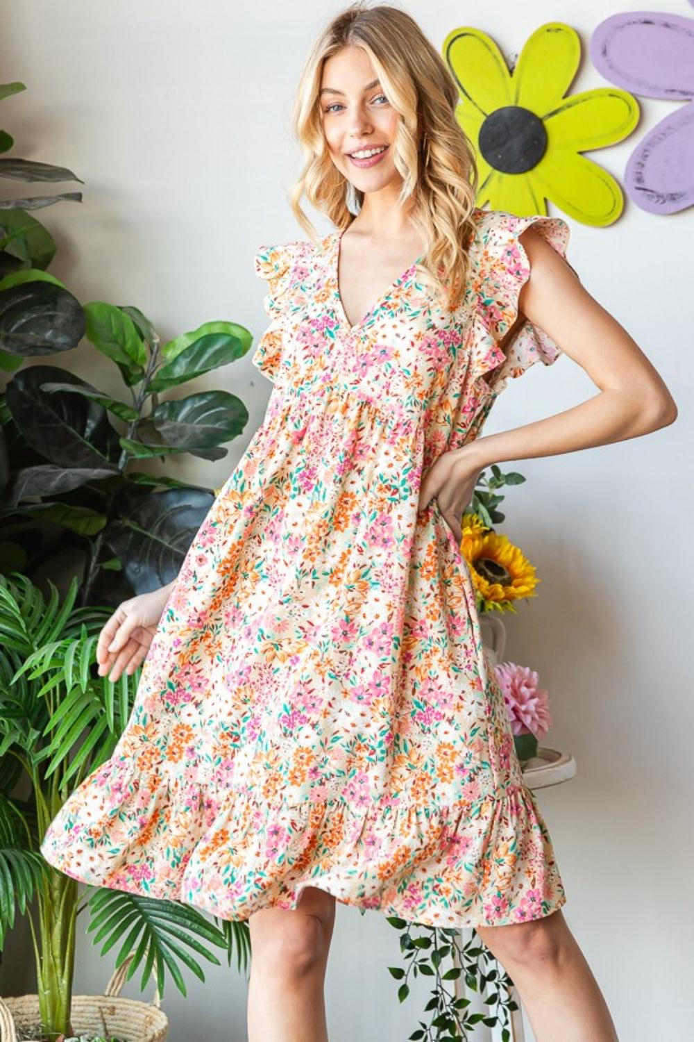 Heimish Full Size Floral Ruffled V-Neck Dress Sand
