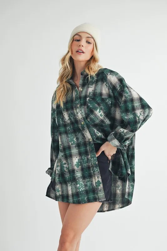 Aemi + Co Washed Plaid Button Up Raglan Sleeve Flannel Shirt Dark Green