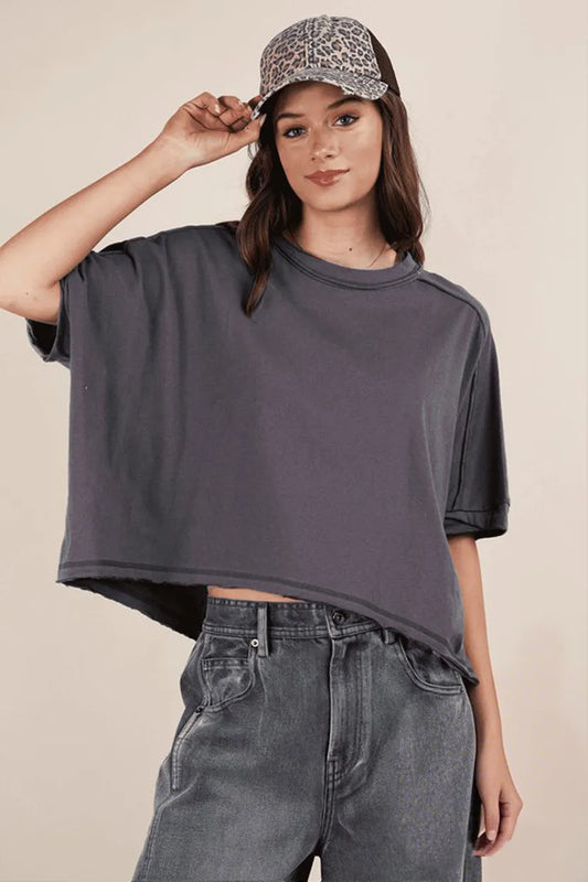 VERY J Round Neck Short Sleeve T-Shirt Charcoal