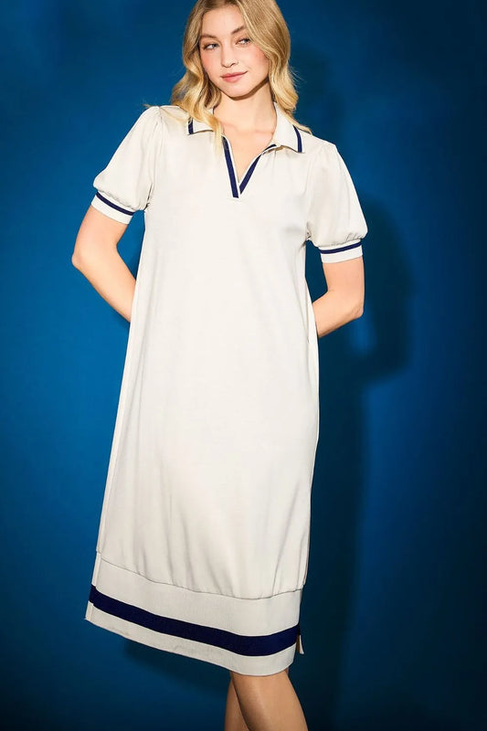 Umgee Side Slit Contrast Trim Short Sleeve Dress Cream