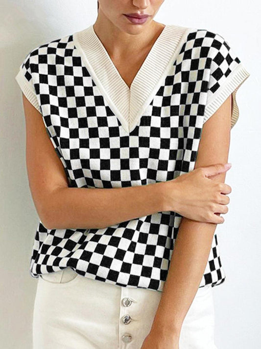 Full Size Checkered V-Neck Cap Sleeve Sweater White