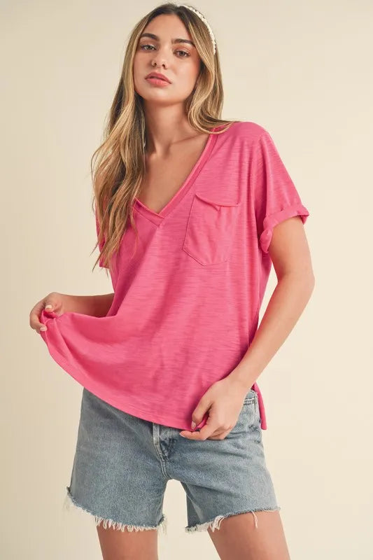 Aemi + Co Side Slit V-Neck Short Rolled Sleeve T-Shirt Hot Pink