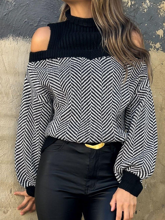 Mock Neck Cold Shoulder Sweater Black