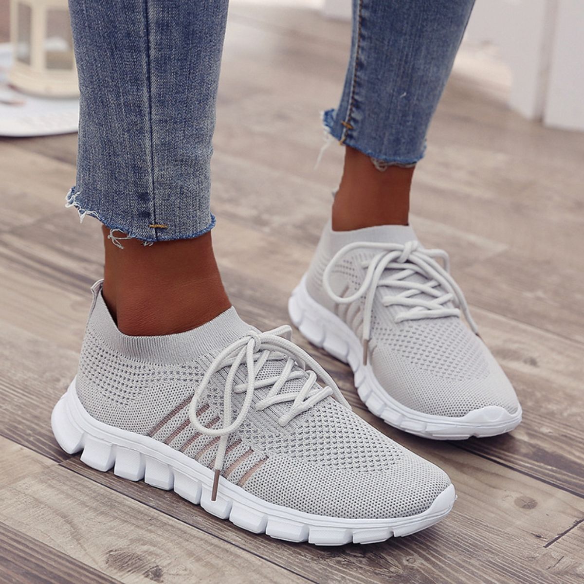 Breathable Mesh Round Toe Lace Up Athletic Gray