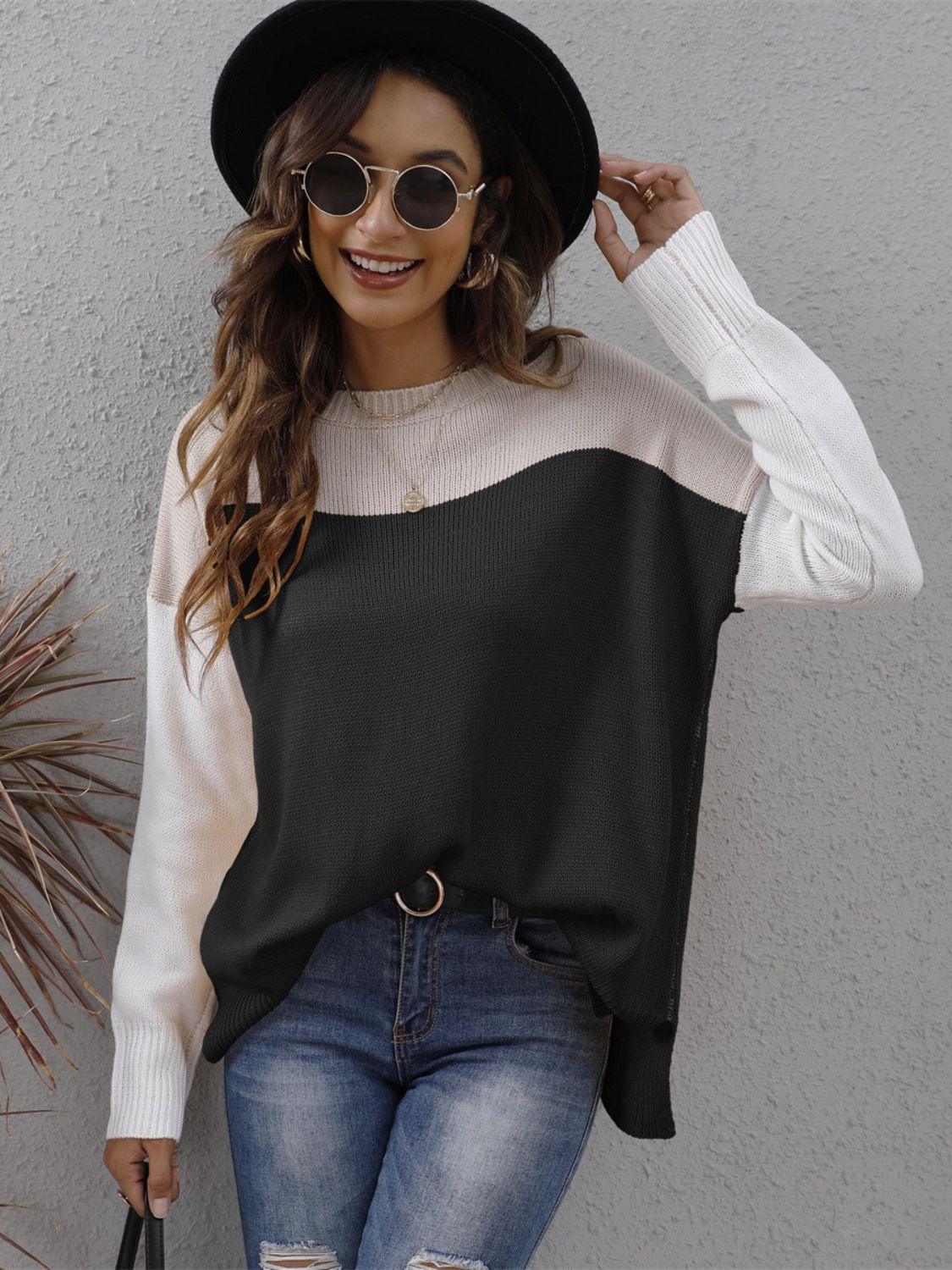 Color Block Round Neck Sweater Black