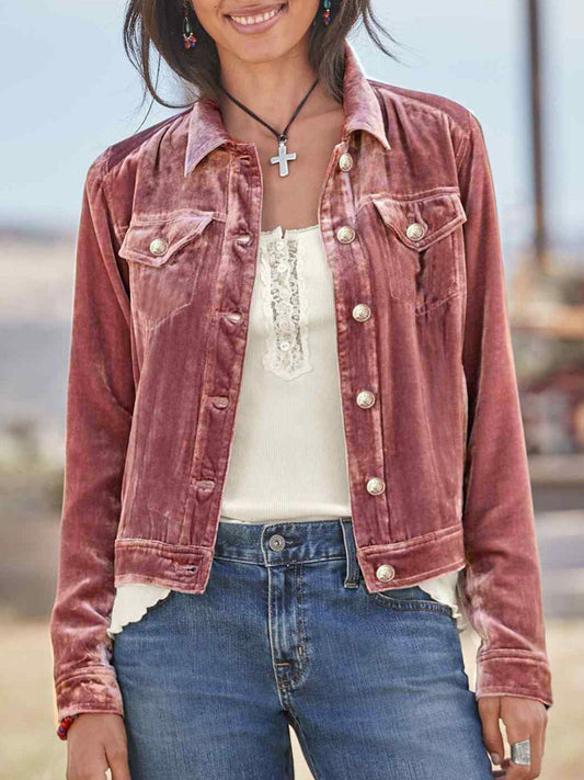 Button Up Long Sleeve Jacket with Chest Pockets Dusty Pink