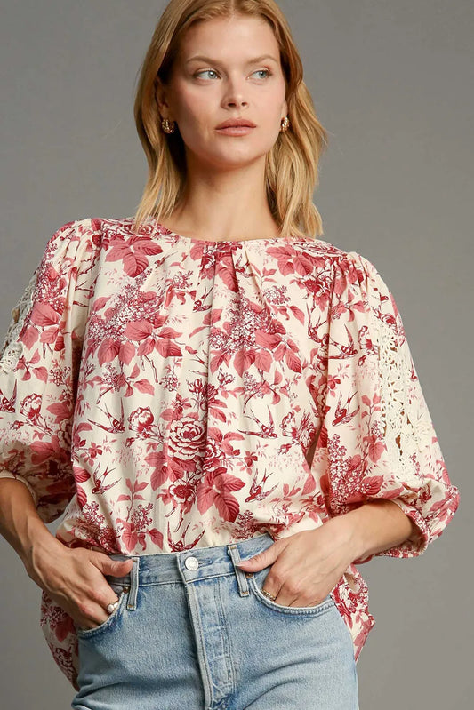 Umgee Floral Pleated Detail Lace Trim Sleeve Blouse Pink Mix