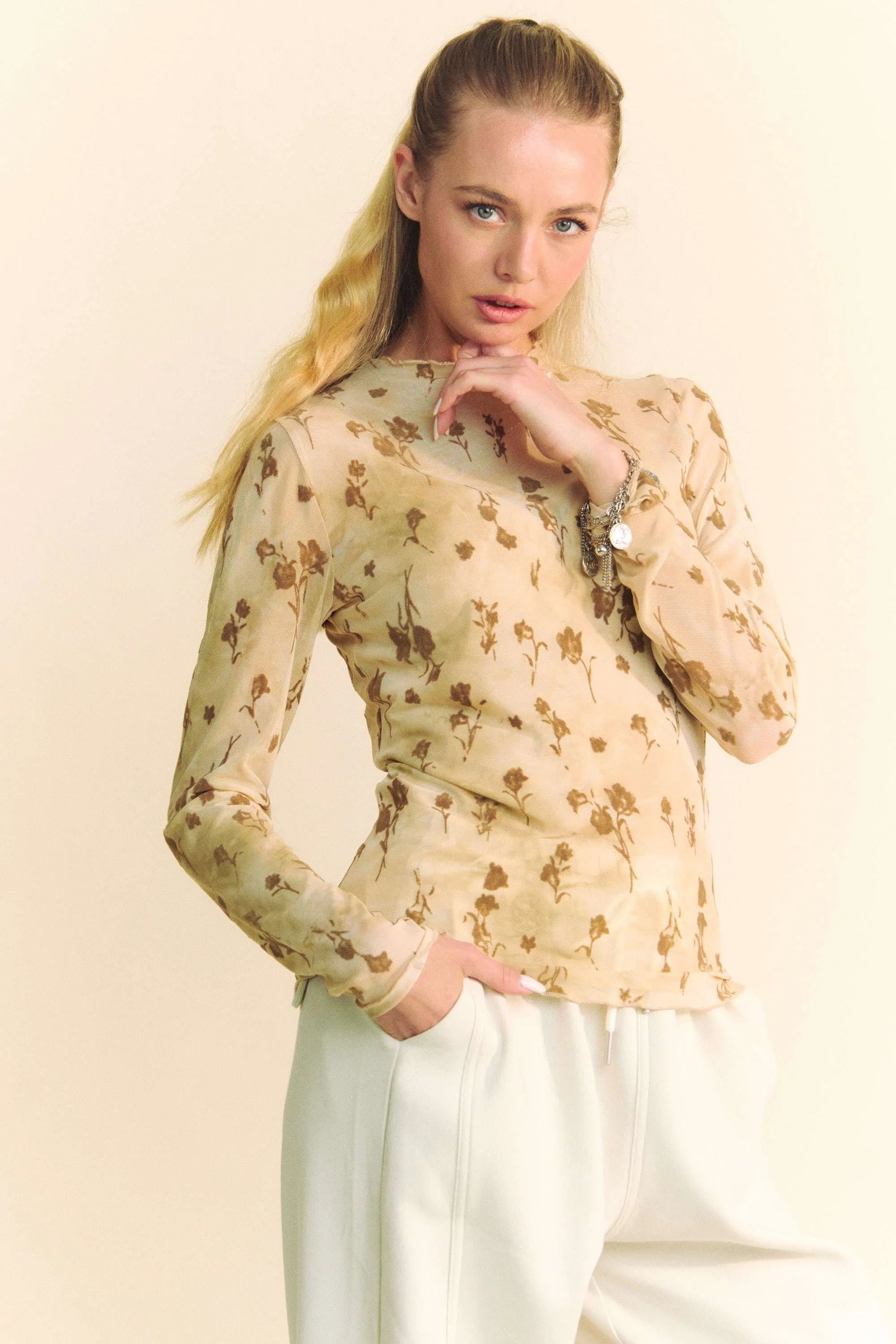 Davi & Dani Floral Mesh Long Sleeve Sheer Layering Top CREAM LATTE