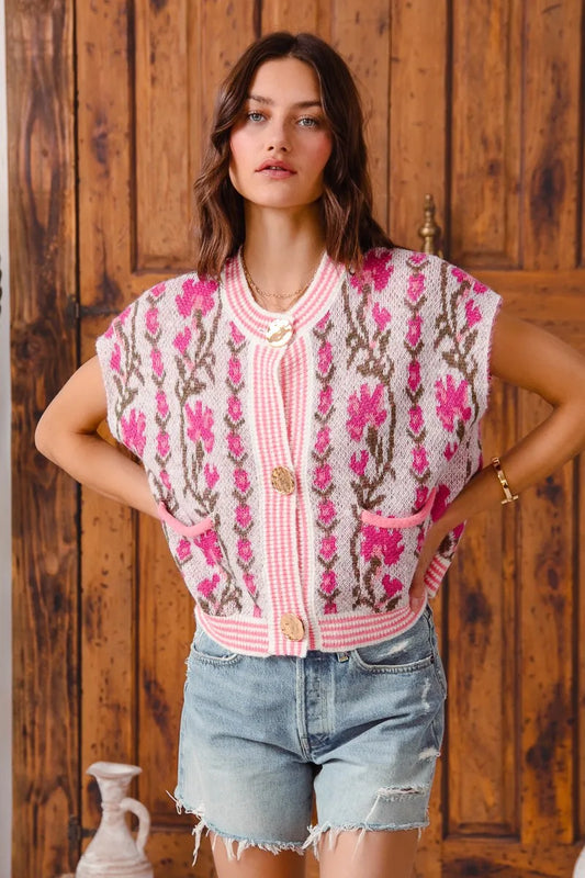 SO ME Button Front Floral and Stripe Knitted Sweater Vest PINK COMBO