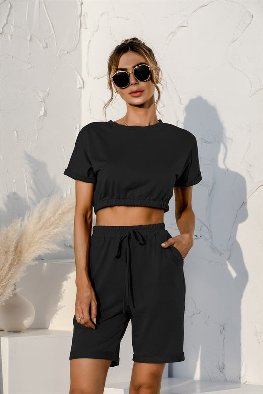 Short Sleeve Cropped Top and Drawstring Shorts Lounge Set Black
