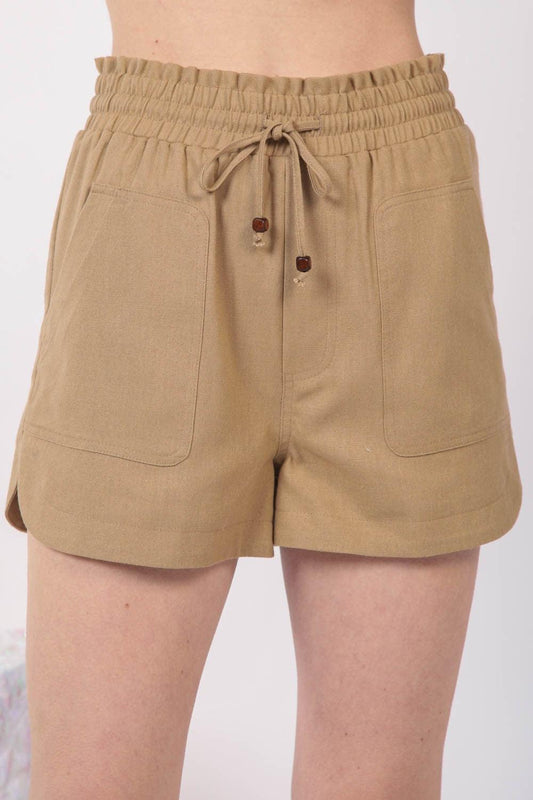 VERY J Drawstring Elastic Waist Linen Shorts Taupe