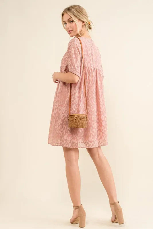 And The Why Woven Leopard Baby Doll Roll-Sleeve Casual Dress