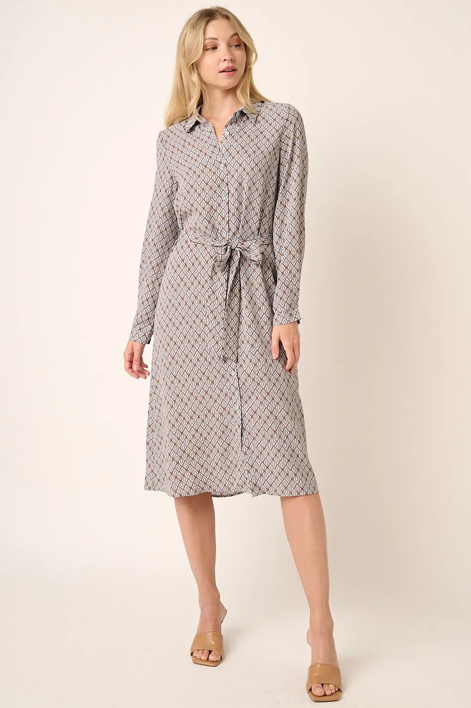 Mittoshop Abstract Print Waist Tie Midi Shirt Dress BLUE