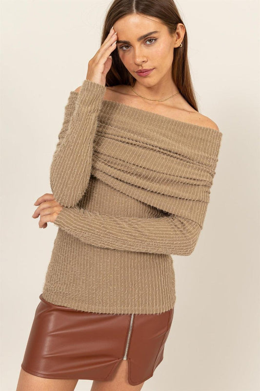 HYFVE Fuzzy Off Shoulder Textured Knit Top Taupe