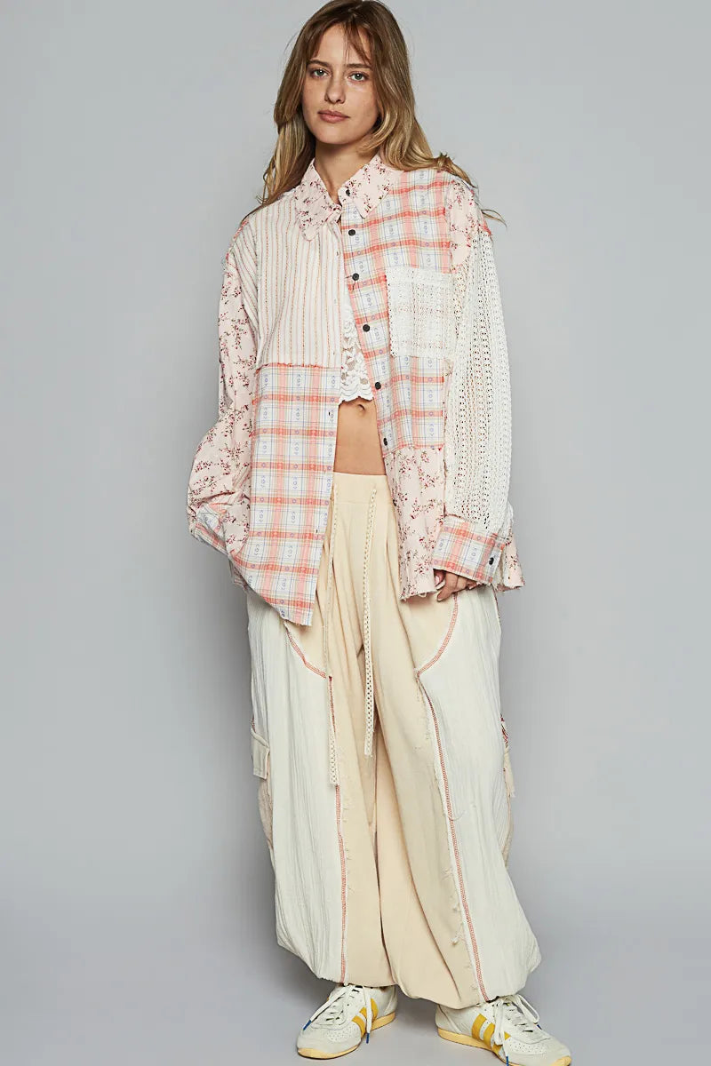 POL Lace Patchwork Floral Button-Up Shirt