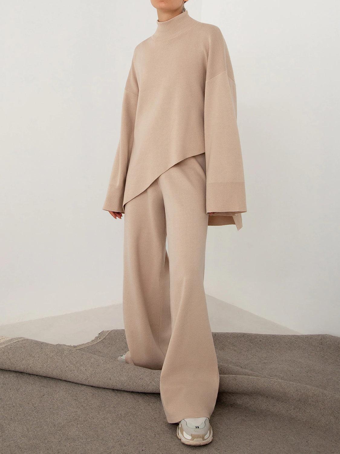 Asymmetrical Hem Knit Top and Pants Set Beige
