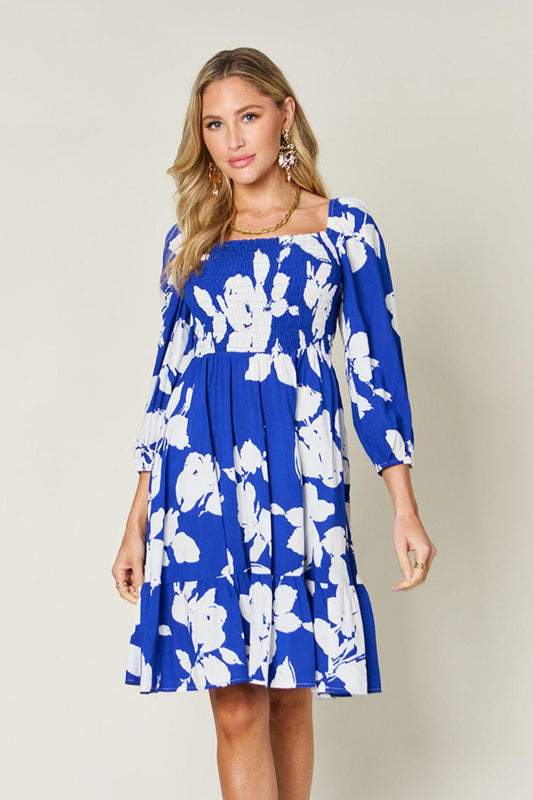 Double Take Full Size Floral Ruffle Hem Smocked Dress with Pockets Royal Blue