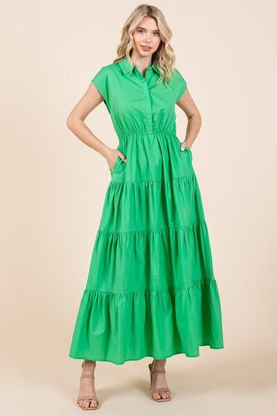 Mittoshop Button Up Collared Tiered Maxi Shirt Dress